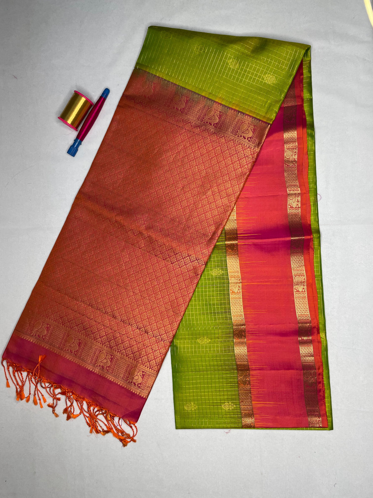 Soft Silk Checks Saree with Bentex Peacock Border - Lime Green - view 2
