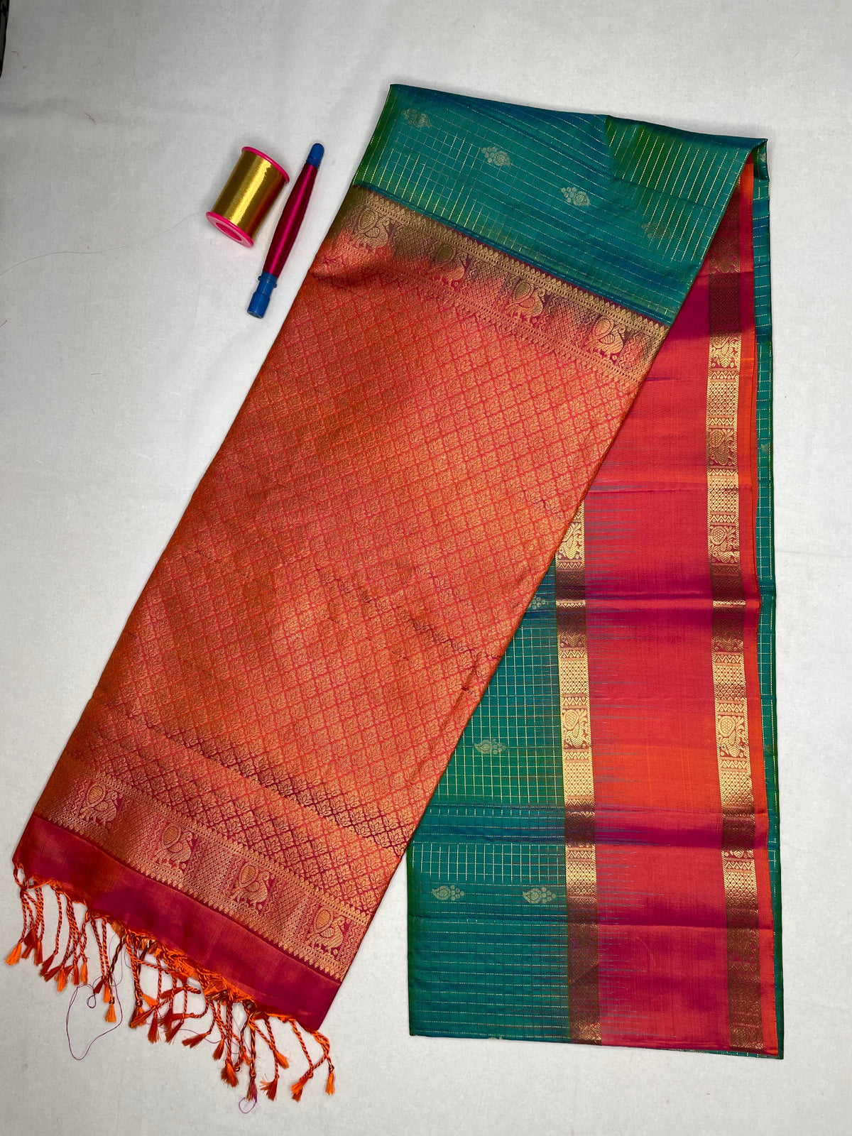 Soft Silk Checks Saree with Bentex Peacock Border - Teal Green - view 2