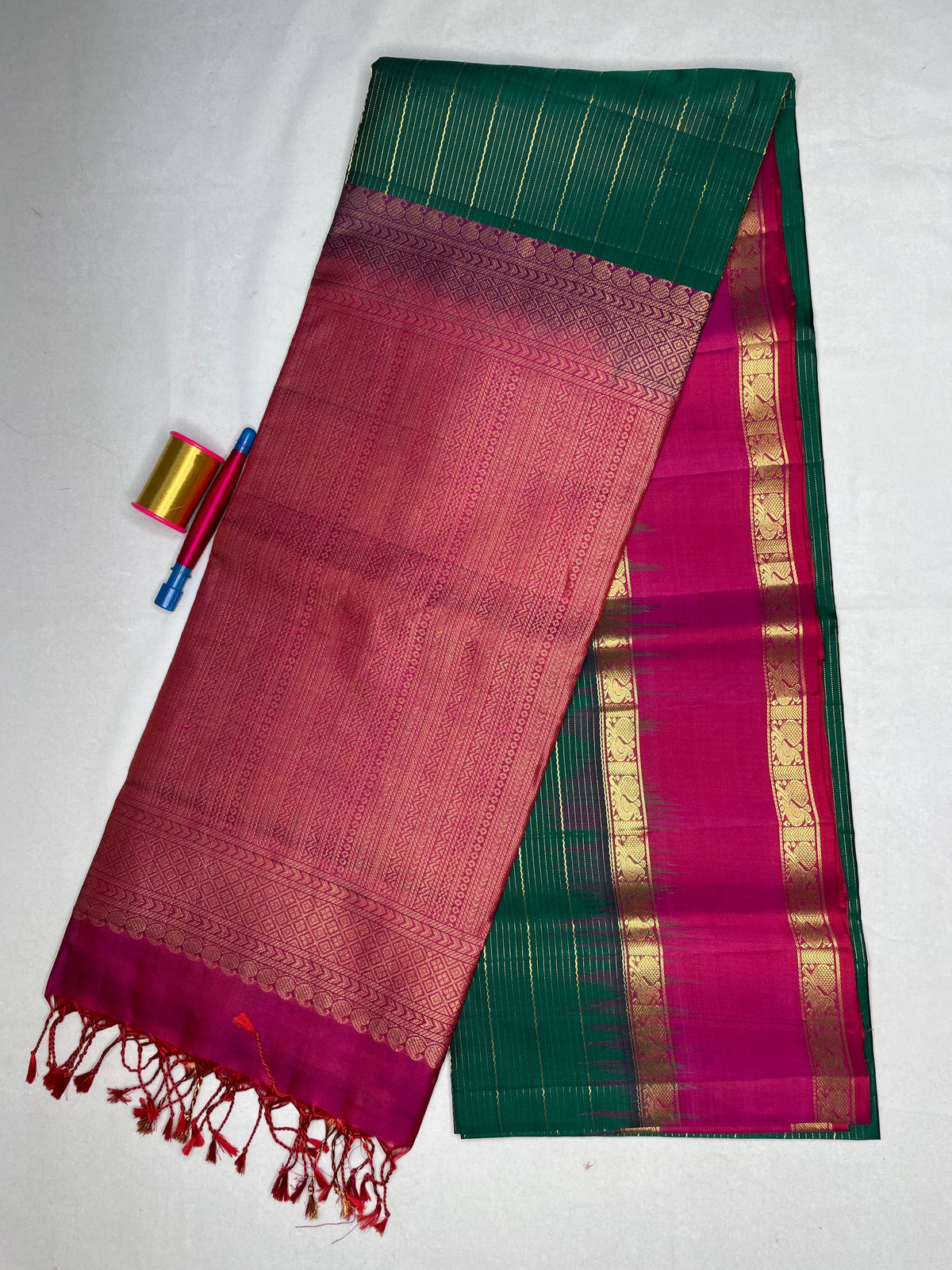 Soft Silk Striped Saree with Bentex Peacock Border - Bottle Green - view 2