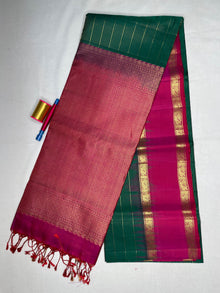 Soft Silk Striped Saree with Bentex Peacock Border - Bottle Green - view 2