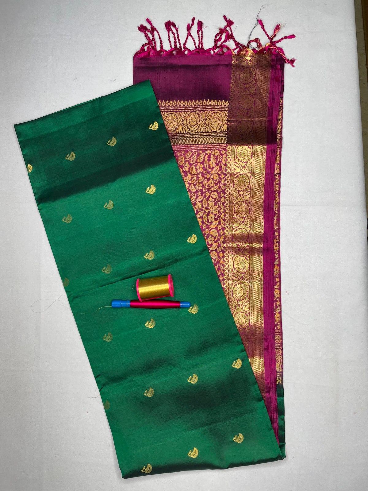 Soft Silk Saree with Contrast Leaf Butta - Bottle Green and Wine - view 1