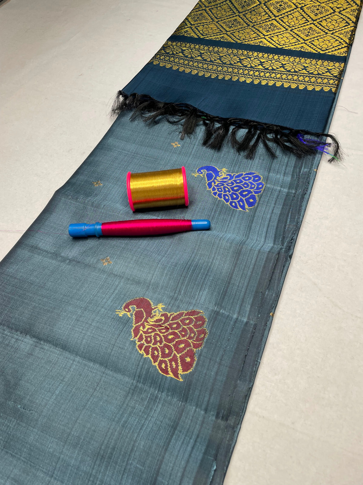 Handloom Pure Soft Silk Saree with Butta Border - Slate Teal - view 2