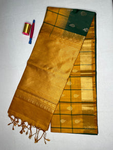 Soft Silk Checks Saree with Tissue Contrast Border - Bottle Green with Mustard Yellow - view 2