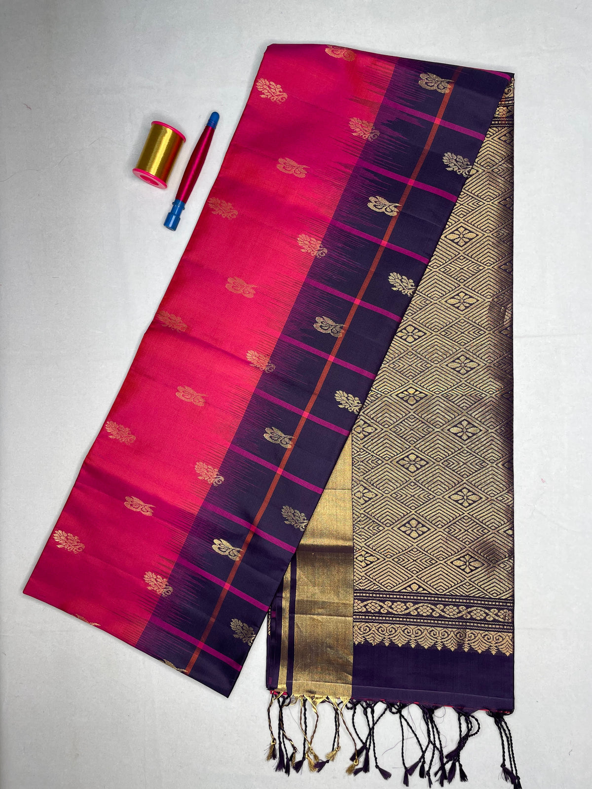 Soft Silk Checks Saree with Tissue Contrast Border - Rani Pink with Deep Purple - view 1