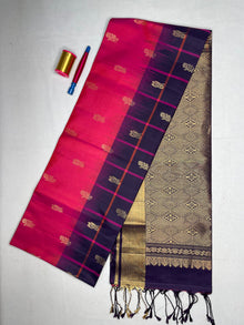 Soft Silk Checks Saree with Tissue Contrast Border - Rani Pink with Deep Purple - view 1