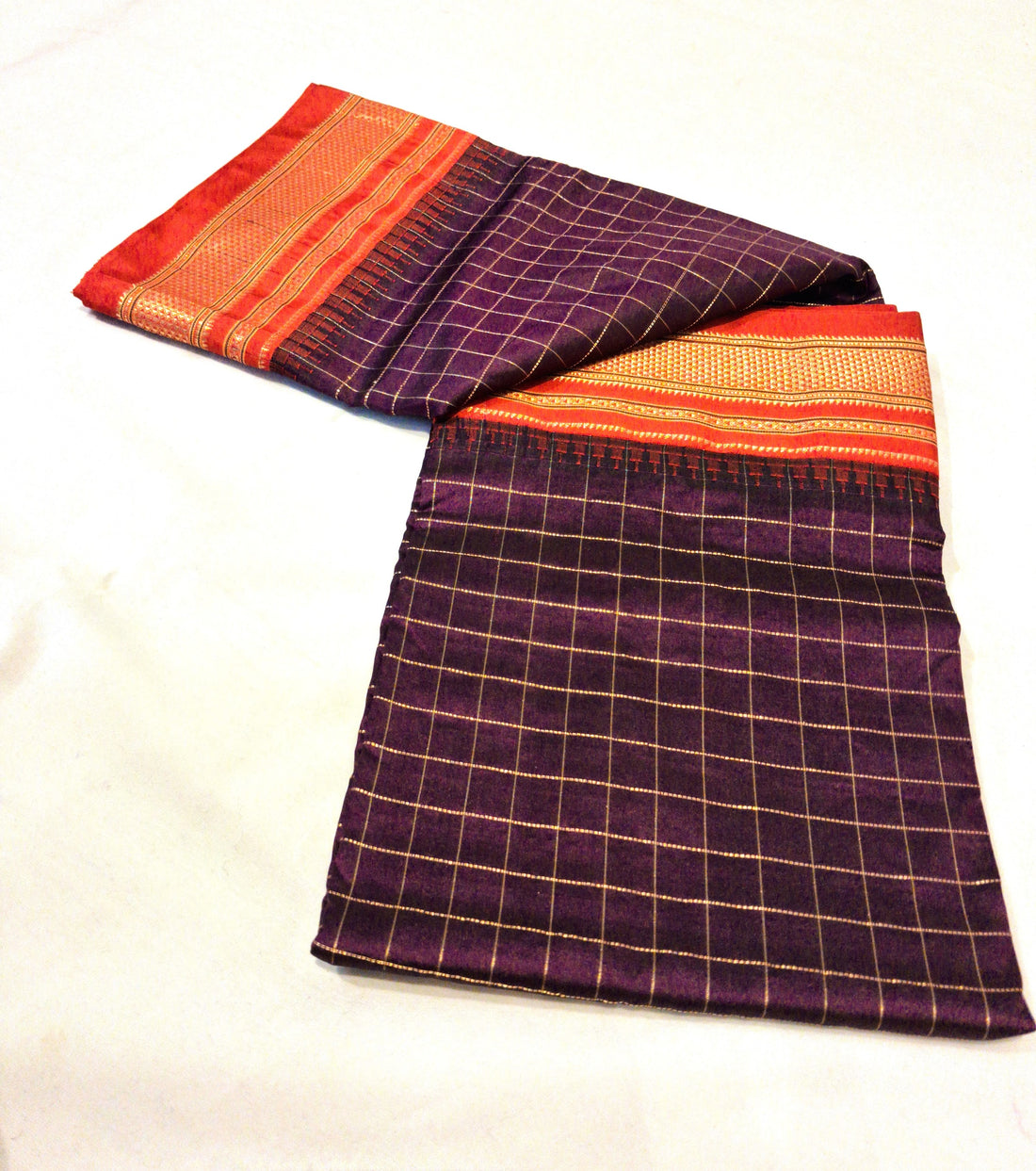 Ilkal Jari Checks Silk Saree – Wine Body & Red Border