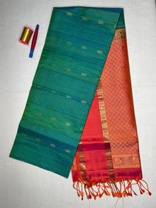 Soft Silk Checks Saree with Bentex Peacock Border - Teal Green - view 1