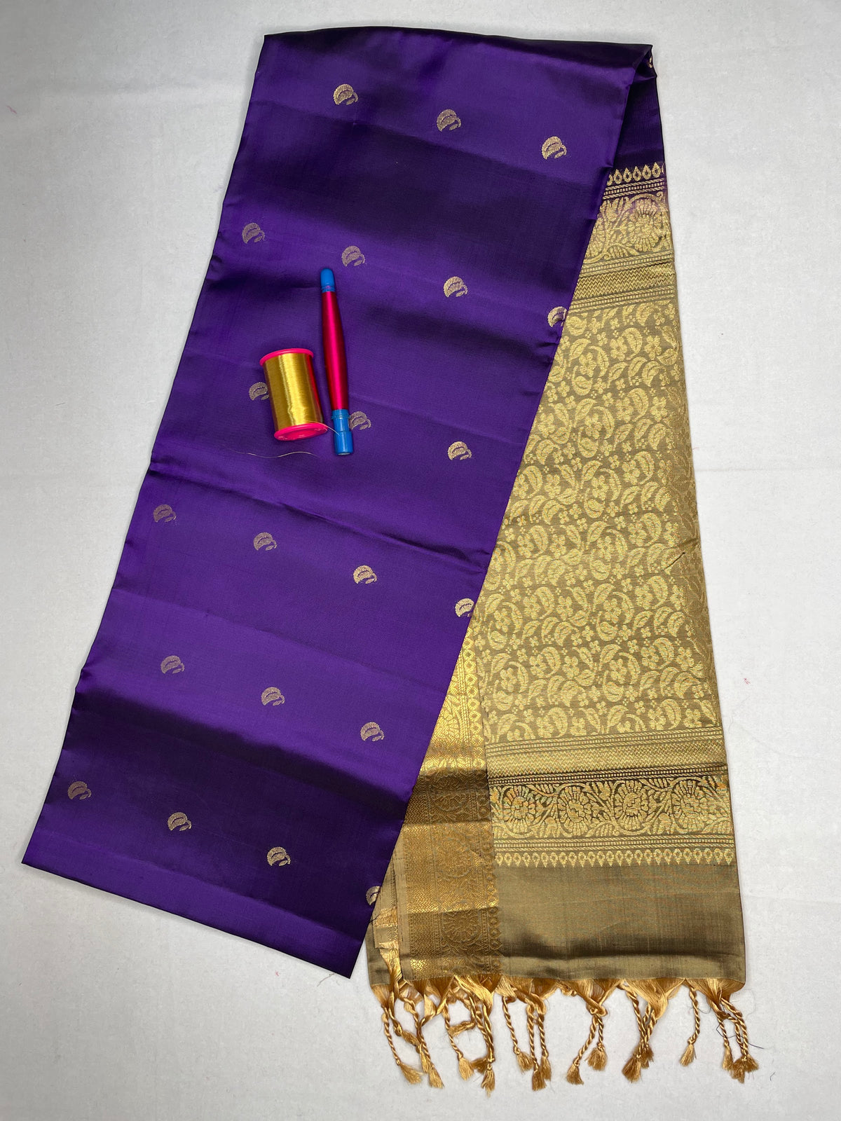Soft Silk Saree with Contrast Leaf Butta - Deep Violet with Gold - view 1