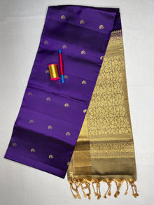 Soft Silk Saree with Contrast Leaf Butta - Deep Violet with Gold - view 1