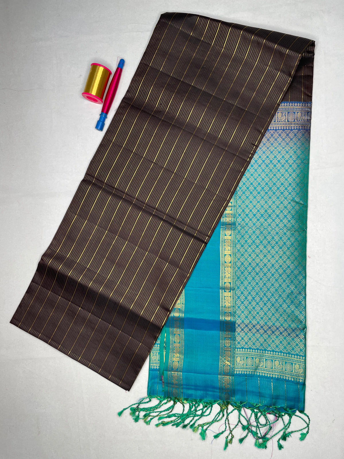 Soft Silk Striped Saree with Bentex Peacock Border - Dark Grey - view 1