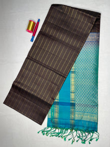 Soft Silk Striped Saree with Bentex Peacock Border - Dark Grey - view 1