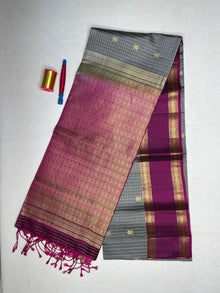 Soft Silk Checks Saree with Bentex Peacock Border - Grey - view 2