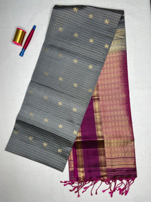 Soft Silk Checks Saree with Bentex Peacock Border - Grey - view 1