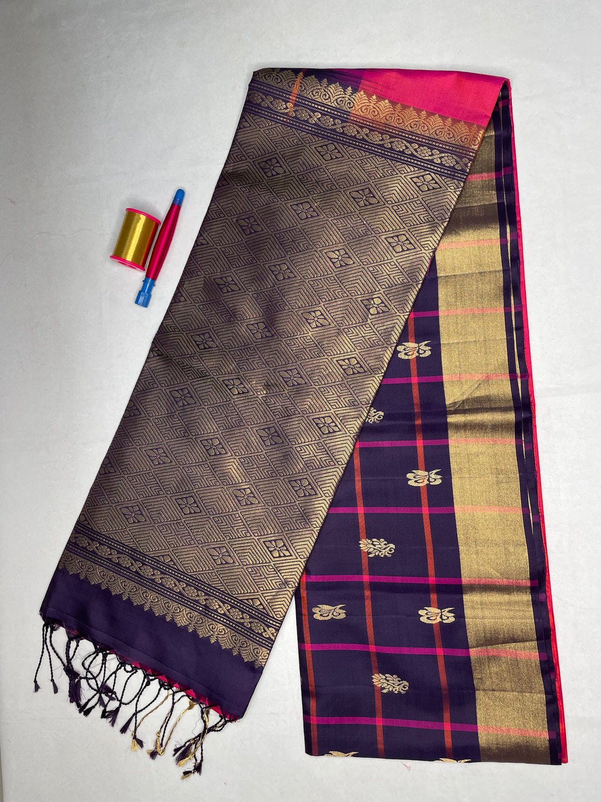 Soft Silk Checks Saree with Tissue Contrast Border - Rani Pink with Deep Purple - view 2