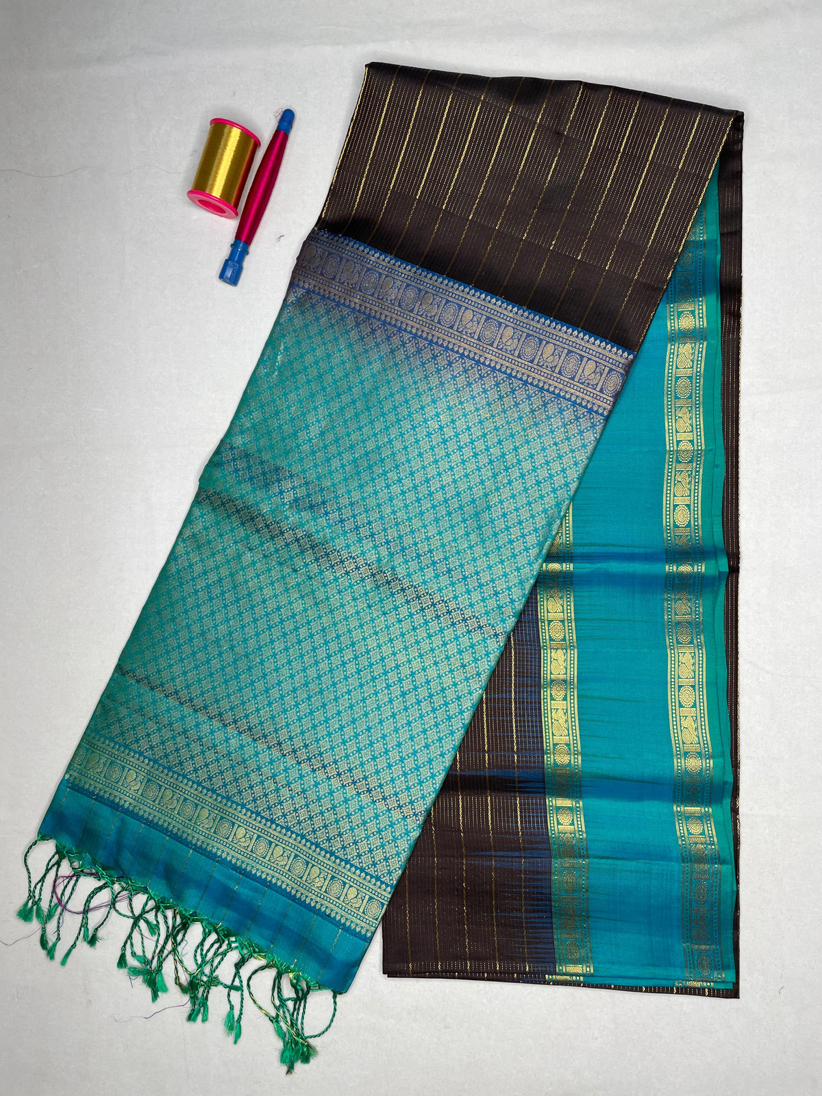 Soft Silk Striped Saree with Bentex Peacock Border - Dark Grey - view 2
