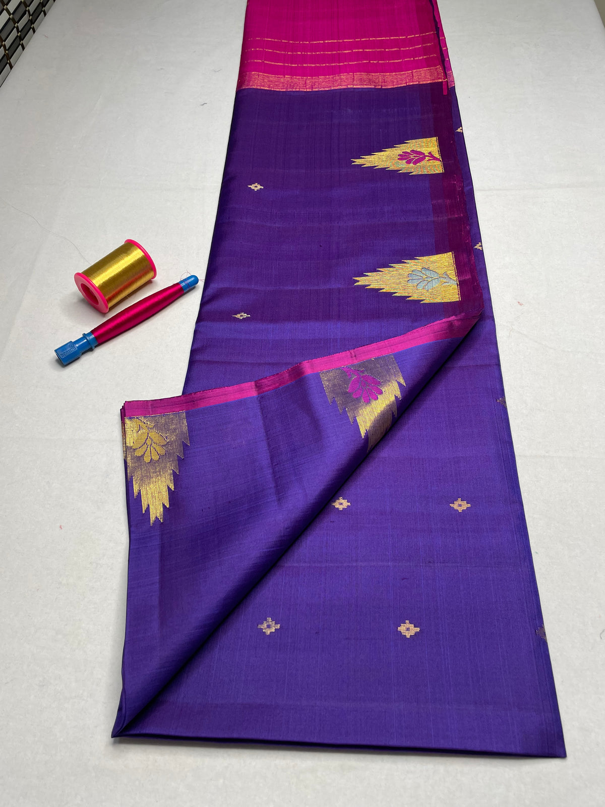 Handloom Pure Soft Silk Saree with Butta Border - Violet - view 2