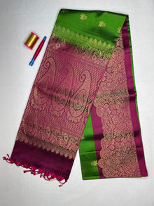 Handloom Soft Silk Saree with Turning Contrast Border - Bright Leaf Green - view 2