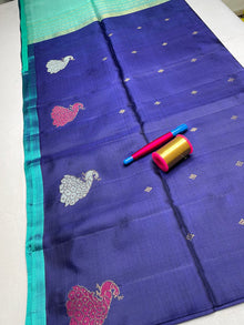 Handloom Pure Soft Silk Saree with Butta Border - Royal Blue - view 2