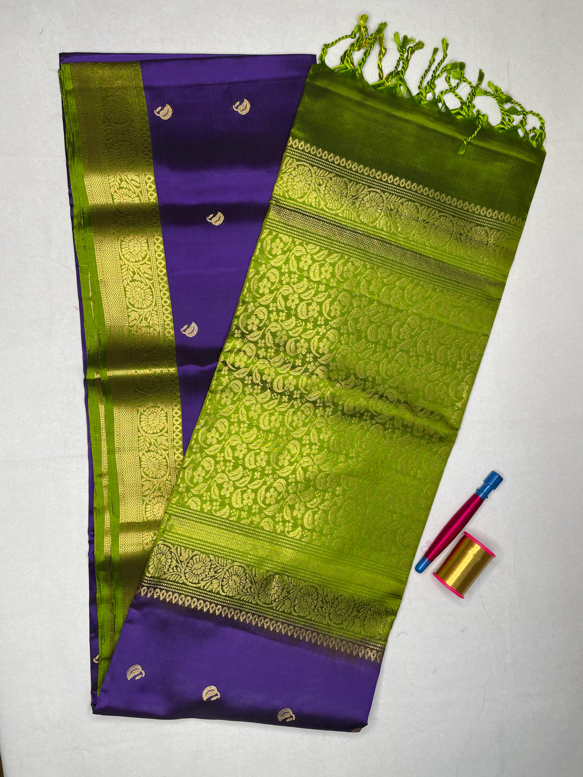 Soft Silk Saree with Contrast Leaf Butta - Deep Violet with Leaf Green - view 1