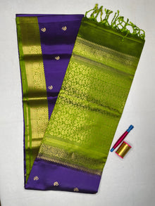 Soft Silk Saree with Contrast Leaf Butta - Deep Violet with Leaf Green - view 1