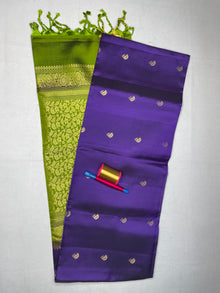 Soft Silk Saree with Contrast Leaf Butta - Deep Violet with Leaf Green - view 2