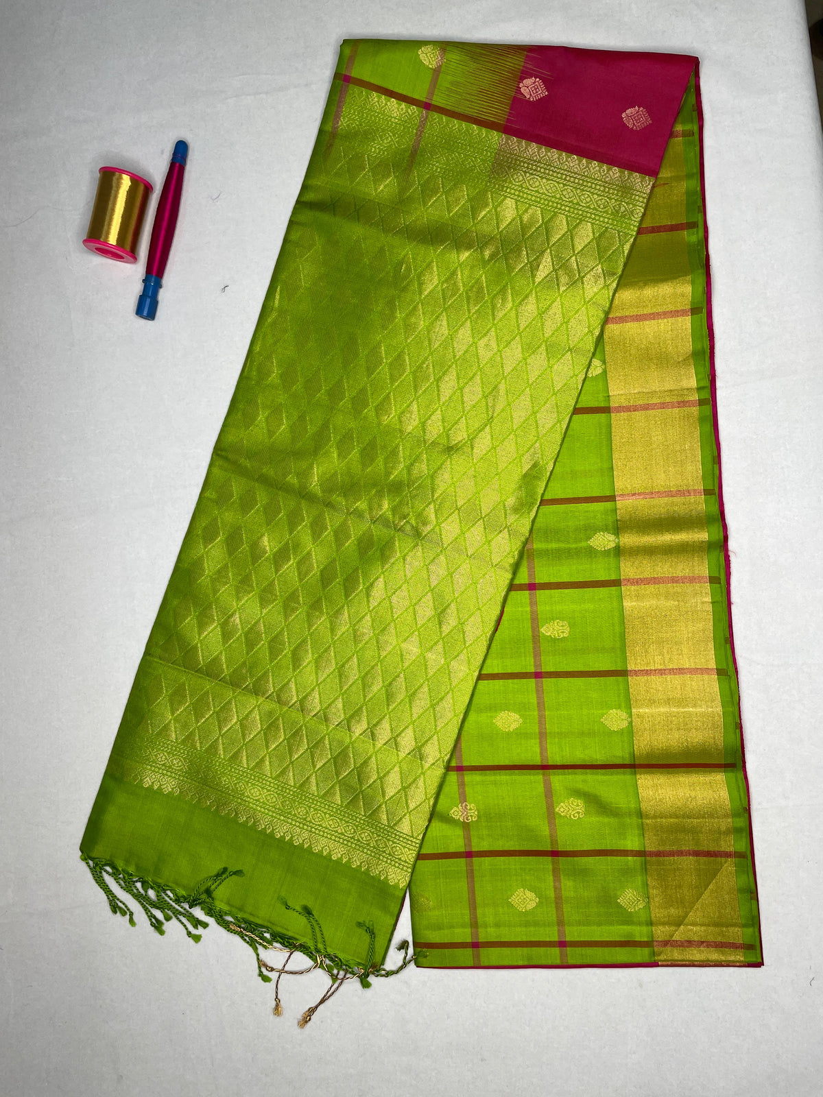 Soft Silk Checks Saree with Tissue Contrast Border - Rani Pink with Parrot Green - view 2