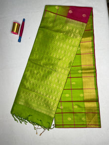 Soft Silk Checks Saree with Tissue Contrast Border - Rani Pink with Parrot Green - view 2